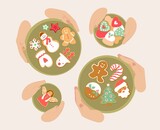 Christmas gingerbread cookies, family holding a plate with delicious Christmas gingerbread cookies in their hands. Vector cartoon flat illustration.