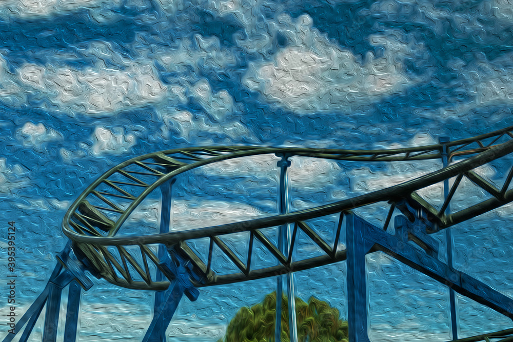 Steel rails and beams from a roller coaster in a sunny day at the Alpen amusement park near Canela. A charming small town very popular by its ecotourism in southern Brazil. Oil Paint filter.