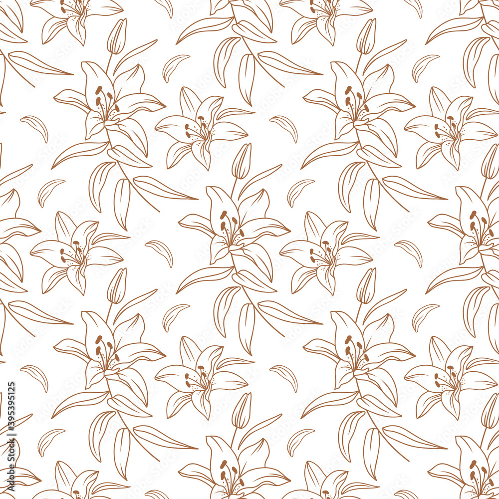 Lily pattern, Floral pattern modern, Elegant golden lilies drawn by a thin line. Vector seamless flowers pattern