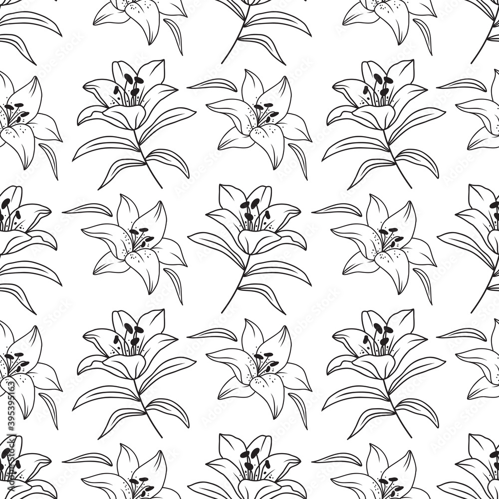 Lily seamless pattern, Elegant lilies drawn by a thin line. Floral pattern black and white. Vector flowers isolated from background