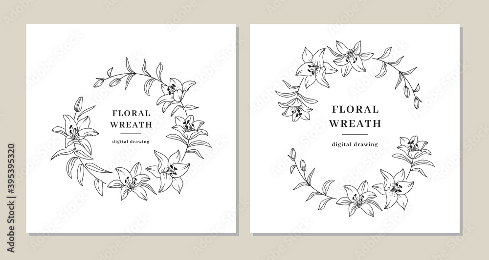Floral wreath set, Lily flowers circle monogram, Wedding invitation templates, Lily flower wreath. Art for save the date cards, wedding invitation, anniversary, thank you card. Vector clipart