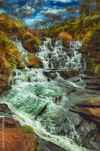 Waterfall falling over rocks amid lush forest at the Caracol Park near Gramado. A charming small town very popular by its ecotourism in southern Brazil. Oil Paint filter.