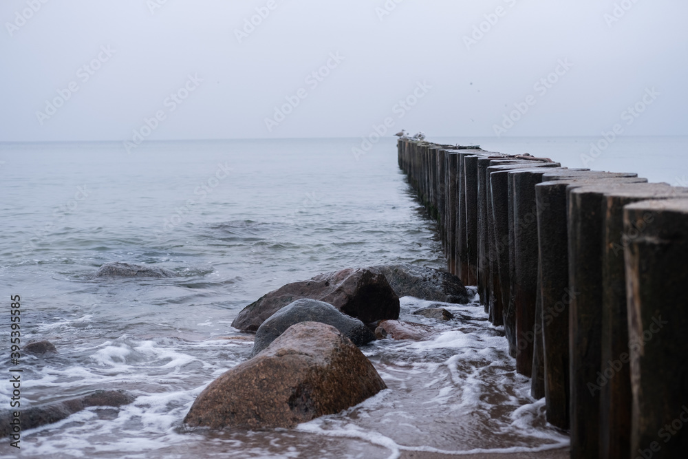 breakwaters on the shores of the Baltic Sea on an autumn cloudy day