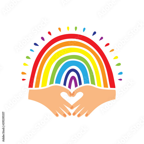 Rainbow flag, Pride logo, Hand-drawn rainbow and heart-shaped hands. Pride flag, LGBT movement emblem, Love emblem. Vector flat illustration