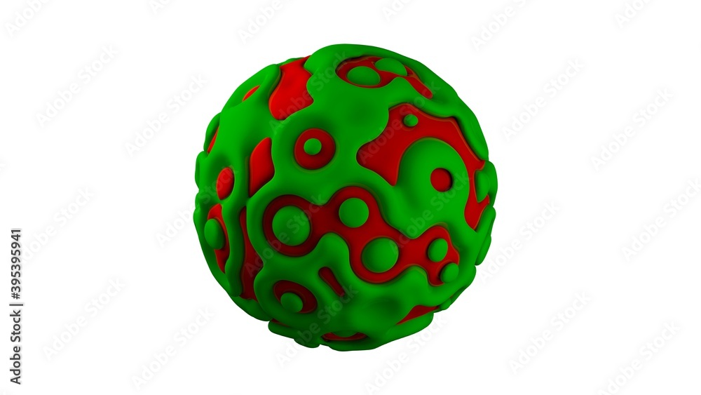 3D rendering of a beautiful sphere consisting of two abstract shapes of green and red color. The shapes have smooth curves, abstract fantastic shapes, and a balance of geometry. 3D rendering of a beautiful sphere consisting of two abstract shapes of green and red color. The shapes have smooth curves, abstract fantastic shapes, and a balance of geometry.