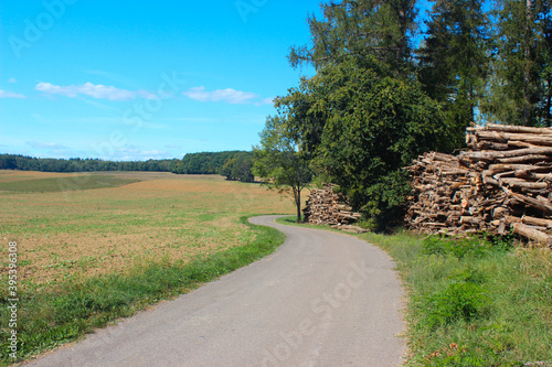 Beautiful panoramic view over a small French country road with extensive fields and packed trees to the side on a summer day.