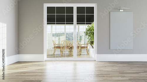 Empty room with balcony, wooden floor and painting wall, canvas frame interior concept 3d rendering