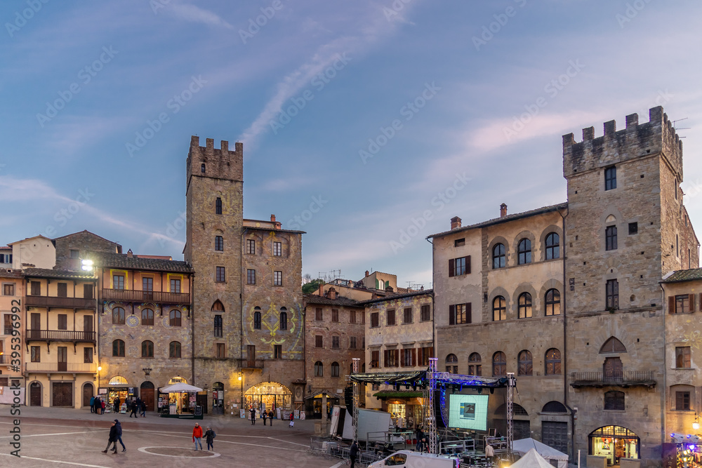 Old Building in the Main Square of Arezzo City during the Christmas time, Piazza Grande in the evening, Tuscany, Italy