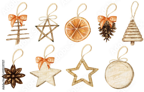 Winter Christmas New Year wooden decoration with bow set. Watercolor Star Cones Orange illustration Isolated on white background. Christmas tree eco friendly decor. Closeup.