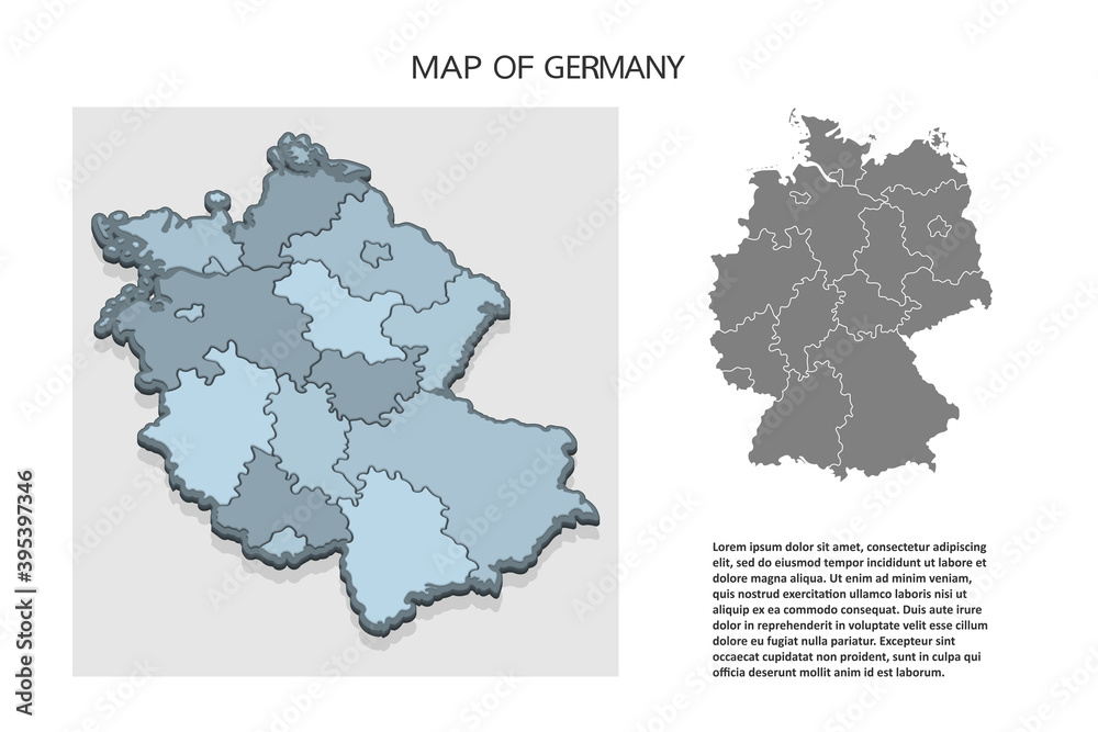 Isometric 3D map of Germany. Political country map in perspective with administrative divisions and pointer marks. Detailed map of Germany with regions. Infographic element for Website, app, UI,Travel