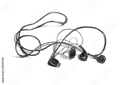 Tangled headphones for listening to music are drawn in black pen. The illustration is isolated on a white background. Stock drawing.