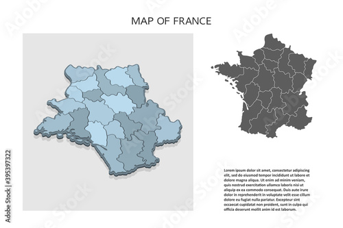 Isometric 3D map of France. Political country map in perspective with administrative divisions and pointer marks. Detailed map of France with regions. Infographic elements for Website, app, UI,Travel
