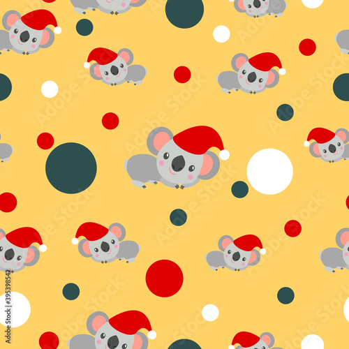 Seamless pattern with koala babies in red Christmas hats lying and smiling. Yellow background. White  red and tidewater green confetti. Post cards  scrapbooking  textile  wallpaper  wrapping paper