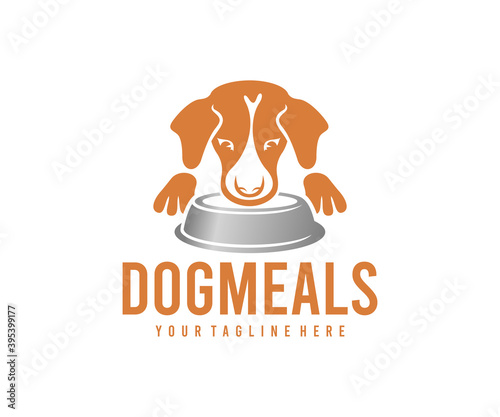 Dog meals, dog food, dog and bowl of feed, logo design. Pet, animal, pet shop and pet care, vector design and illustration