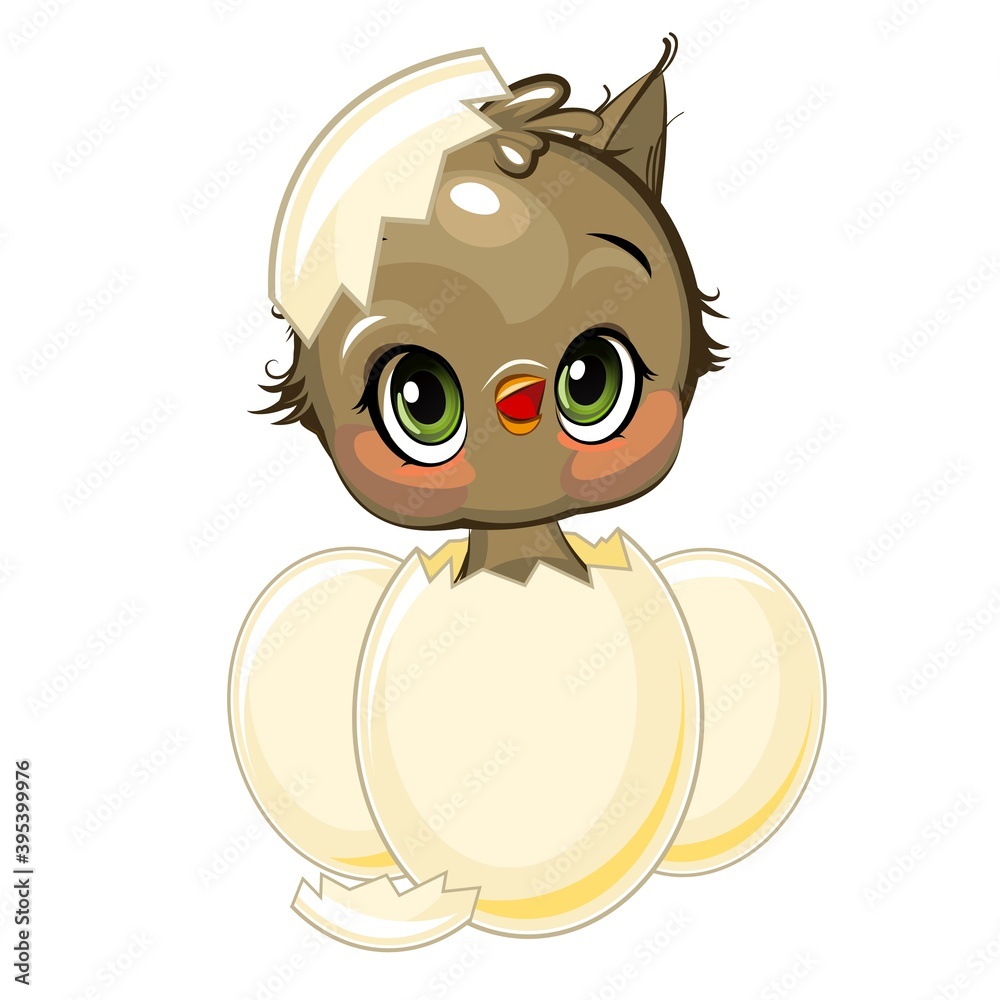 Fototapeta premium A little owl hatched from an egg. Funny chick. Cute and funny baby bird. The isolated object on a white background. Illustration. Cartoon style. Vector