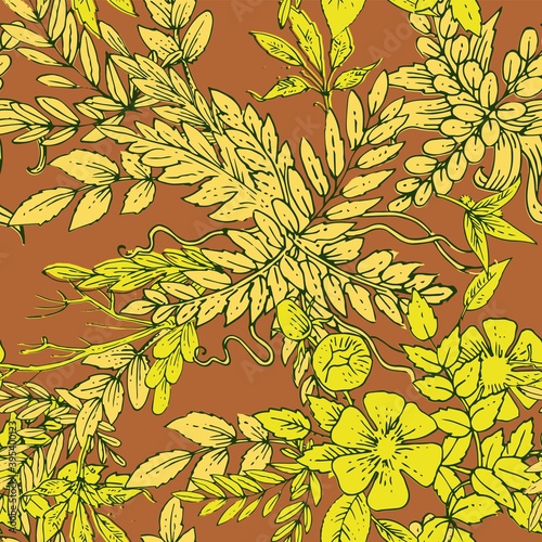 Floral ornament. Plexus of branches and leaves of trees, shrubs and herbs. Decorative and wild flowers. Seamless. Beautiful summer, spring composition. Vector illustration.