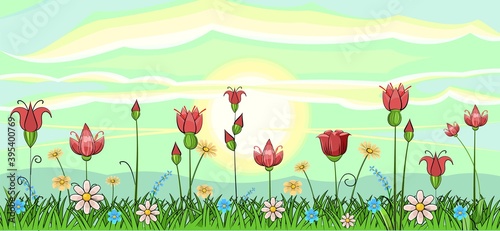 Blooming meadow with grass and flowers. Sky. The sun is on the horizon. Scenery. Cartoon style. Romantic fabulous illustration. Beautiful natural view. Wild plant nature. Rural scene. Vector