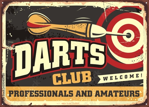 Darts club retro poster design template. Dart arrow and dart board vintage ad poster.