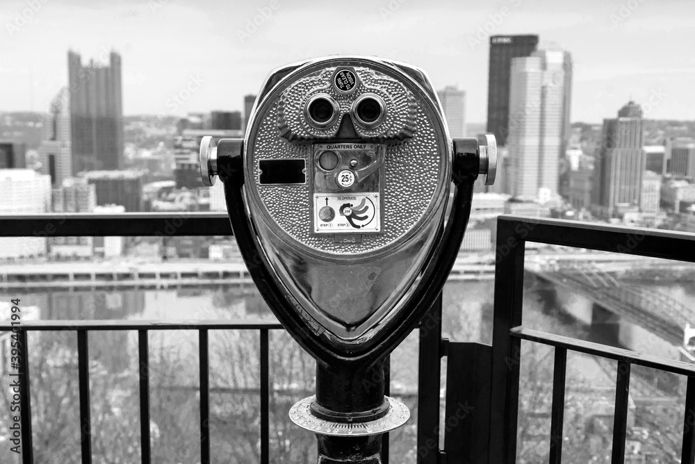 Coin operated binoculars in Black and White; Pittsburgh Coin operated binoculars in Black and White; Pittsburgh