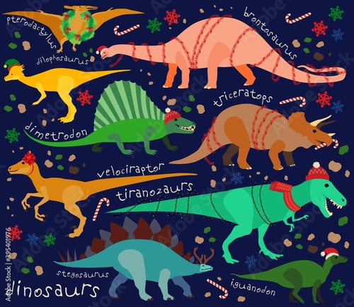 Christmas Dinosaurs Wallpaper. Vector Illustration for Kids.