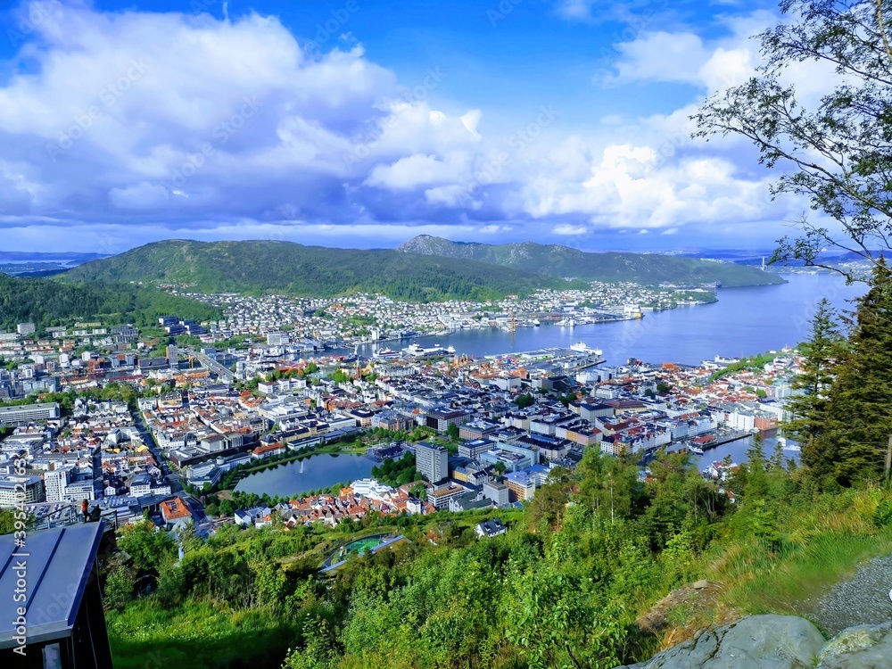beautiful city panorama from the hills over Bergen, Norway
