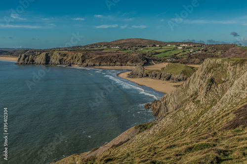 Three Cliffs and Pobbles from the East, Gower, Wales, UK