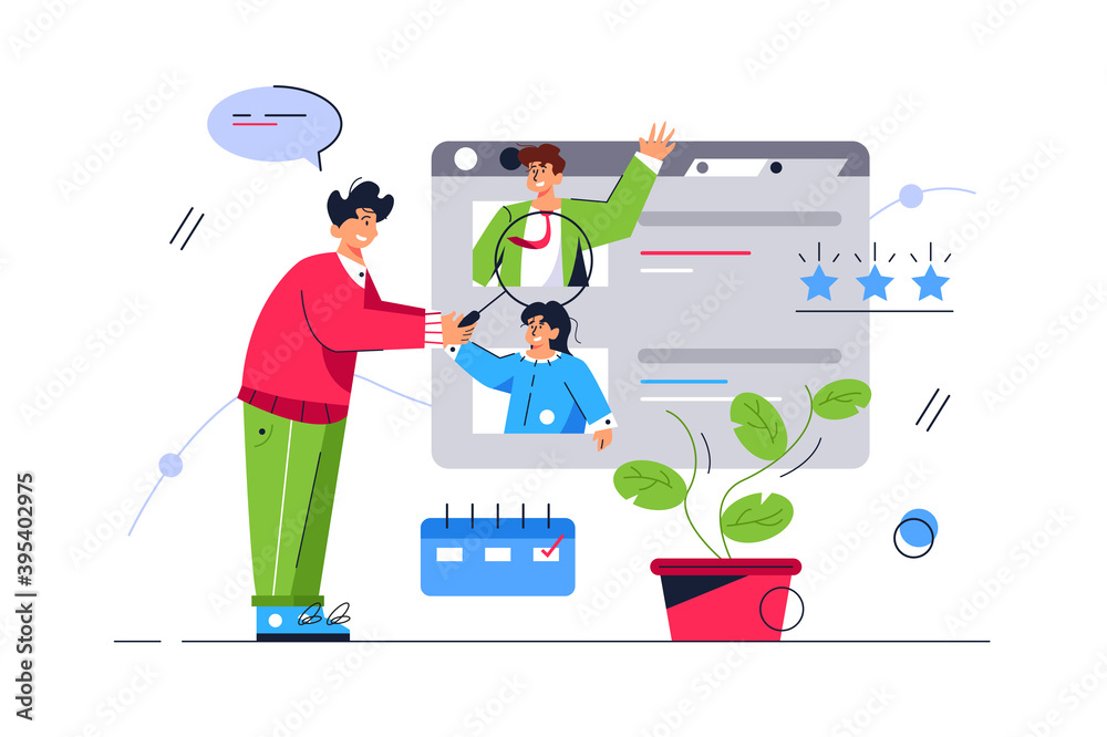 Fototapeta premium Guy looking for candidate, big virtual display, guy with magnifier isolated on white background, flat vector illustration