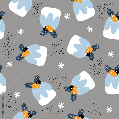 Seamless pattern with Christmas cake and snowflakes. Holiday print. Vector hand drawn illustration.