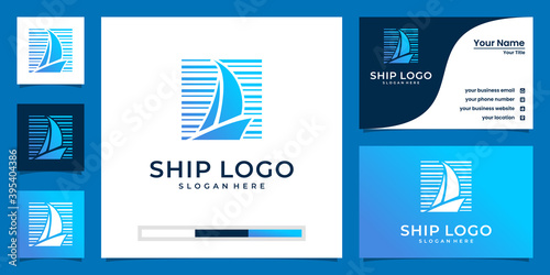 Creative boat logos in blue tones and business card design