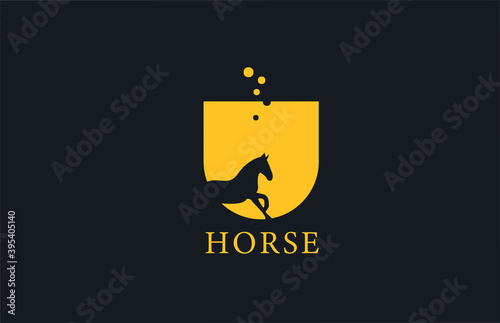 U yellow horse alphabet letter logo icon with stallion shape inside. Creative design for company and business