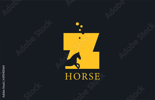 Z yellow horse alphabet letter logo icon with stallion shape inside. Creative design for company and business