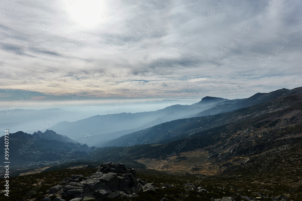 Panoramic views of the Sierra de Guadarrama National Park from the Cuerda Larga path. Madrid's community. Spain