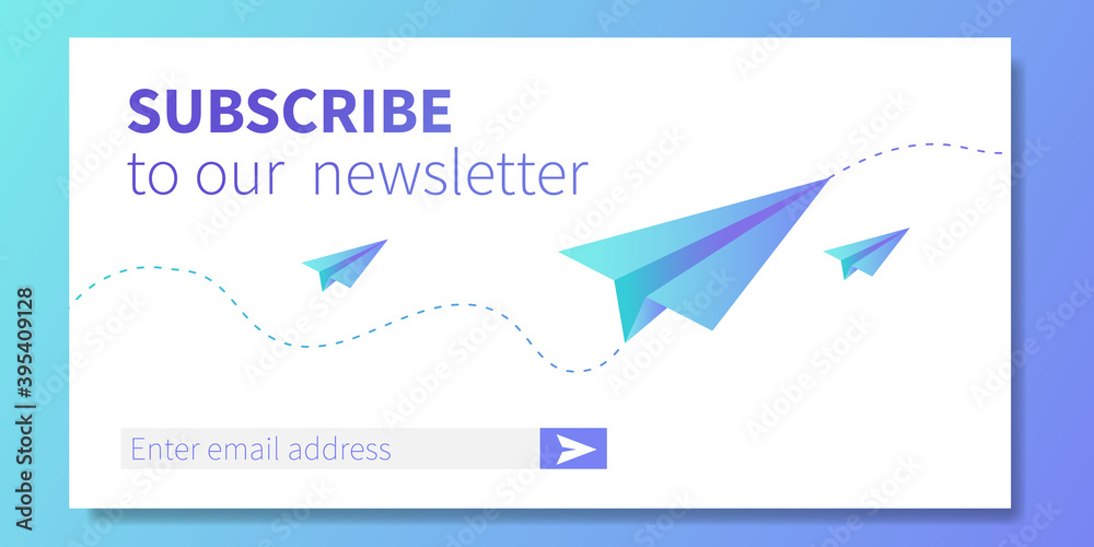 Subscribe to our newsletter web banner template. Paper planes like metaphor of mail. Concept of email marketing, correspondence service delivery registration banner. Vector illustration