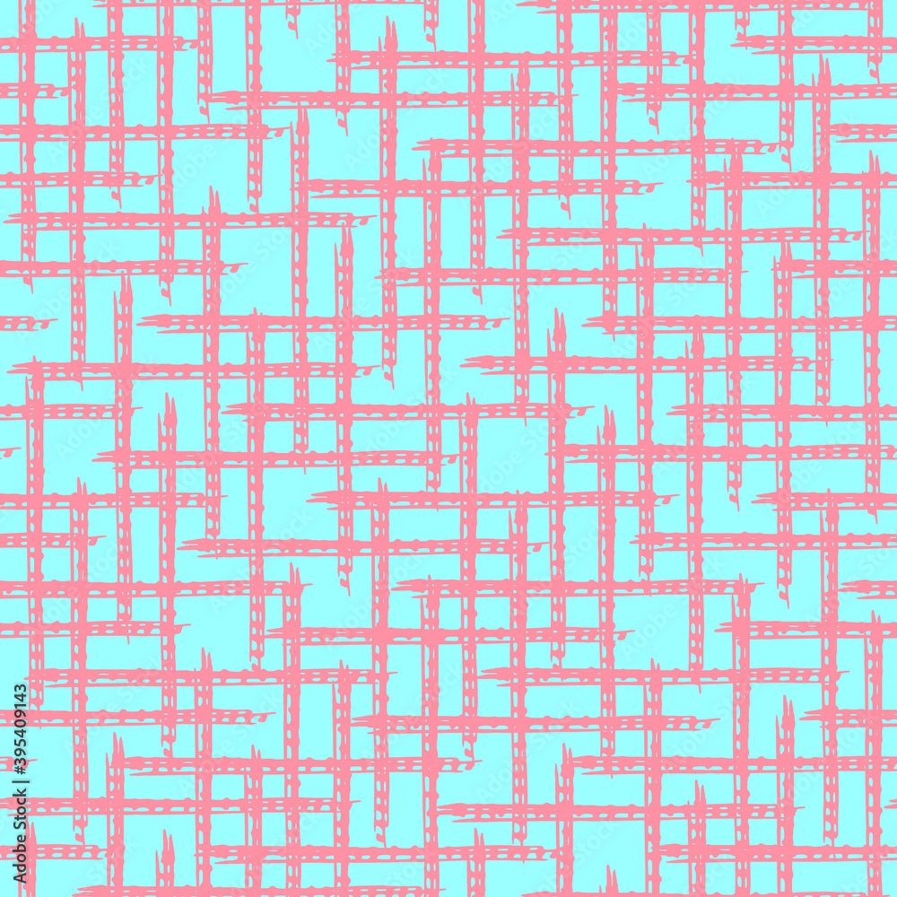 Abstract blue and pink grunge seamless pattern with hand drawn grid ornament of brush strokes lines. Contrast trendy distressed elements texture for textile, wrapping paper, cover, surface, wallpaper Abstract blue and pink grunge seamless pattern with hand drawn grid ornament of brush strokes lines. Contrast trendy distressed elements texture for textile, wrapping paper, cover, surface, wallpaper