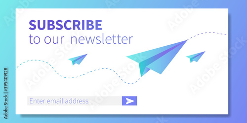 Subscribe to our newsletter web banner template. Paper planes like metaphor of mail. Concept of email marketing, correspondence service delivery registration banner. Vector illustration photo