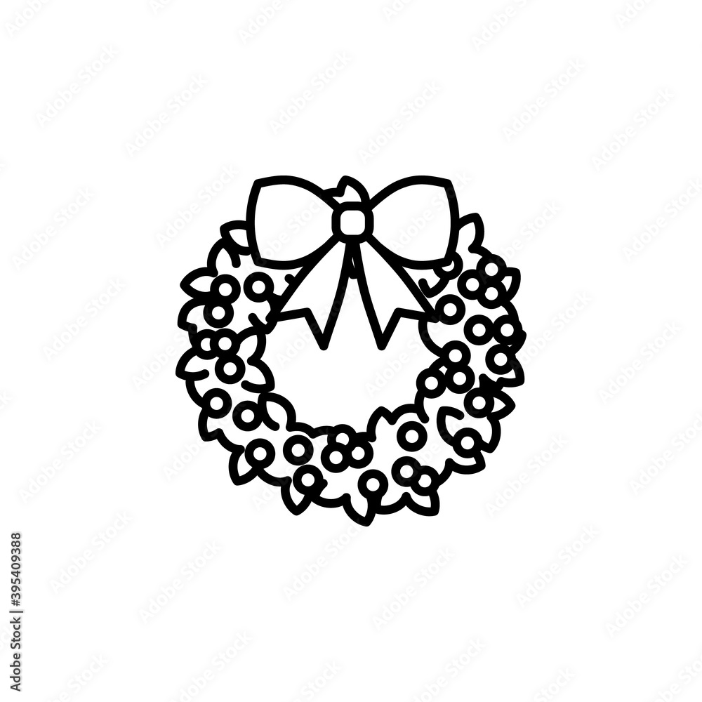 Cute holly wreath vector icon in minimalist line art. Christmas ilex wreath with bow knot isolated on white background Cute holly wreath vector icon in minimalist line art. Christmas ilex wreath with bow knot isolated on white background