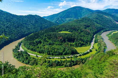 Meander of the river V  h  Slovakia. This meander is very similar to the canyon of the Colorado River in the United States.