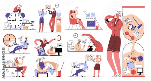 Vector illustration with set of compositions in concept procrastination, laziness, gadget addiction, at home, work. You can use them as separate elements in corresponding topic.