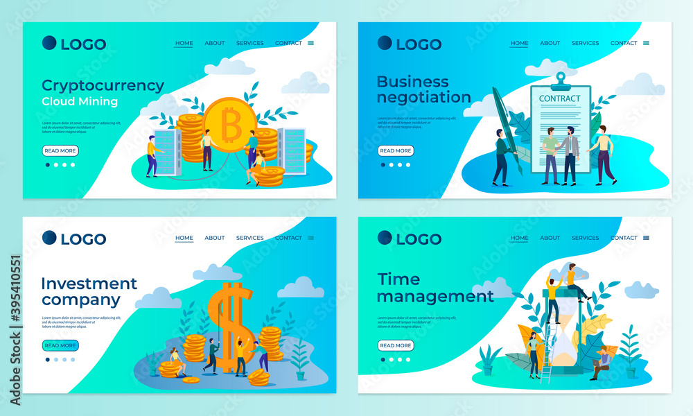A set of landing page templates.Bitcoin mining,business negotiations, time management, investment.Templates for use in mobile app development.Flat vector illustration.