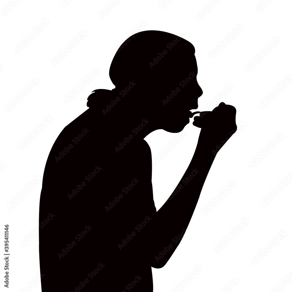 a girl eating food silhouette vector