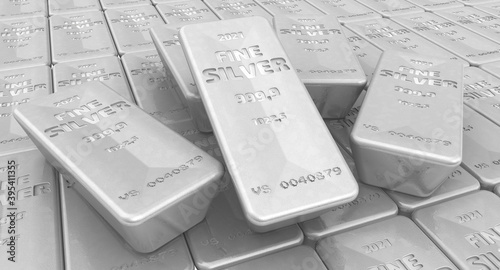 The highest standard silver bars. Lots of ingots of 999.9 Fine Silver lie in a row. 3D illustration