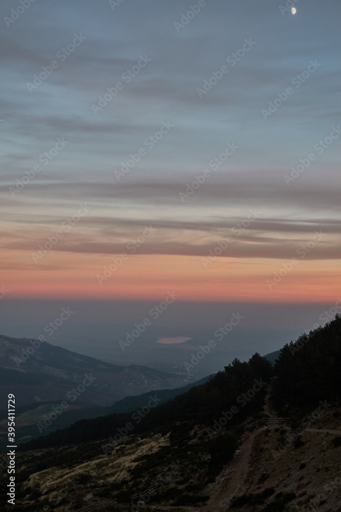 Sunset from Puerto de la Morcuera in the Sierra de Guadarrama National Park. Madrid's community. Spain