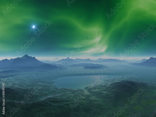 A beautiful illustration of northern lights  mountains and sea landscape