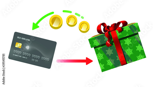 Pay with grey credit card. Electronic payments and state refunds of money. Christmas shopping with gift box. Money cash back. Vector illustration.