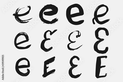 Letter E written by hand. Black letter E written in grunge calligraphy. Different versions of the font are hand-drawn in a careless style. Vector eps illustration.