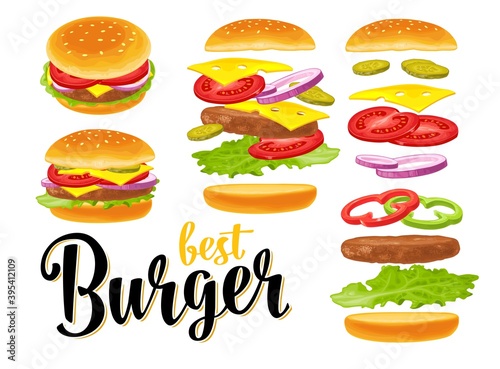 Burger with flying ingredients include bun, tomato, salad, cheese, onion, cucumber.