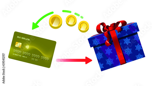 Pay with yellow credit card. Electronic payments and state refunds of money. Christmas shopping with gift box. Money cash back. Vector illustration.