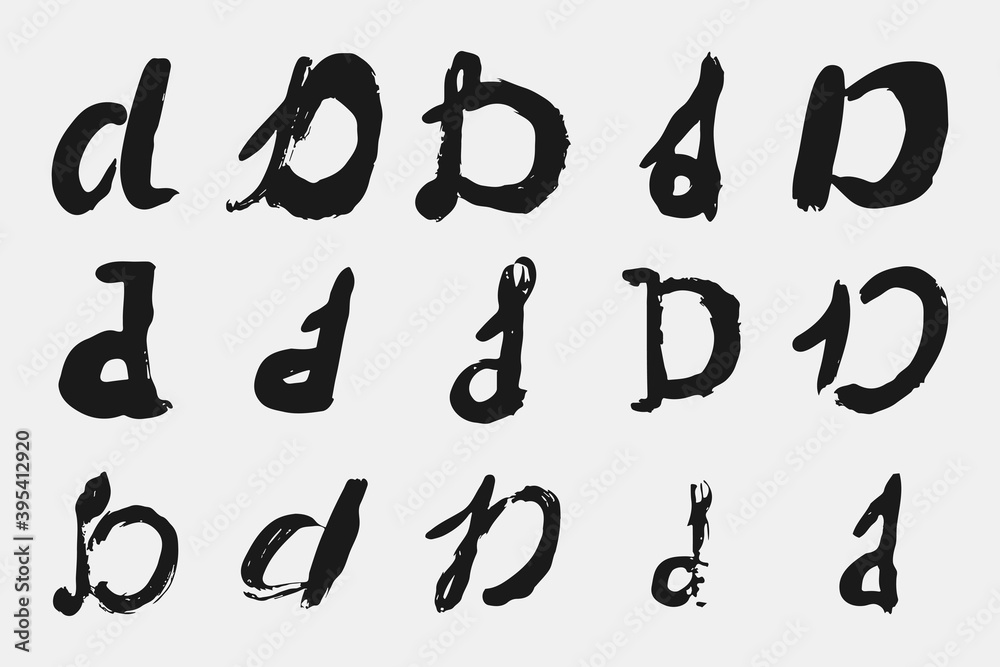 Letter D written by hand. Black letter D written in grunge calligraphy. Different versions of the font are hand-drawn in a careless style. Vector eps illustration.