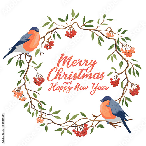 Hand drawn Merry Christmas typography in rowanberry winter wreath with bullfinches banner. Celebration text with berries and leaves for postcard, icon or badge. Vector calligraphy lettering