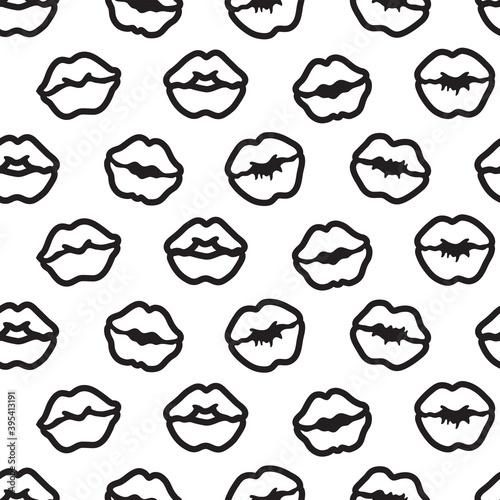 Kissing lips seamless pattern in outline style. Black and white. Colored page background